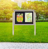 DOUBLE-SIDED 60" x 36" Outdoor Message Center + Posts + Corkboard, Eco-Design Faux Wood Cabinet with Bottom Hinged Door