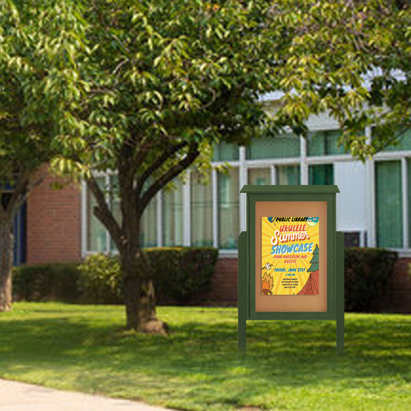 18" x 24" Outdoor Message Center Cork Board with Posts | Eco-Friendly, LEFT-Hinged Single Door, Faux Wood Information Board