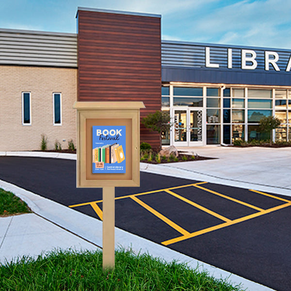 8.5 x 14 Outdoor Message Center Cork Board with Post | Eco-Design Single Door Information Board