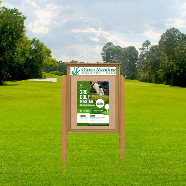48" x 48" Outdoor Message Center Cork Board with Header and Posts, Eco-Design Faux Wood Single Door