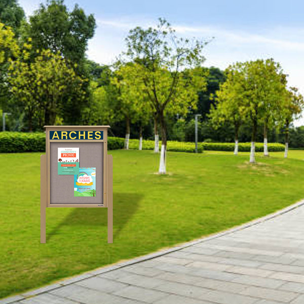 Eco-Design, Faux Wood 18 x 24 Outdoor Message Center Cork Board on Posts with Single Door Cabinet  and Your Custom Printed Header