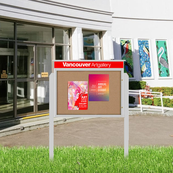 20" x 20" Viewable Area Outdoor Message Center Cork Board with Header | Single Door with Posts