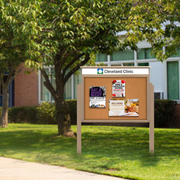 Eco-Design 20" x 30" Outdoor Message Center with Bulletin Board + Message Header | Free-Standing Faux Wood Cabinet with Posts