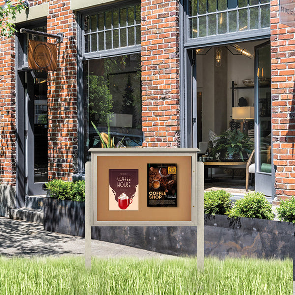 XL Outdoor Message Center Stand 36 x 60 with Cork Bulletin Board and Two Posts | TOP Hinged Single Door Information Board | Eco-Design