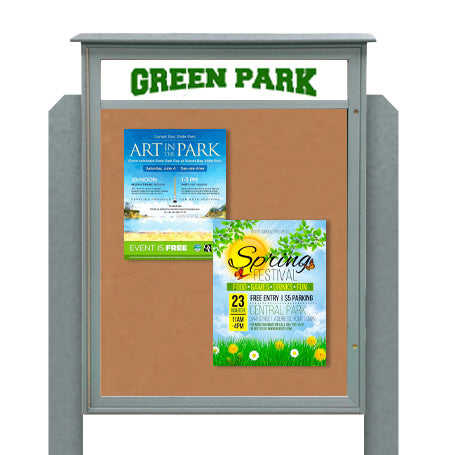 36x36 Outdoor Cork Board Message Center with Header and Posts - LEFT Hinged (Image Not to Scale)