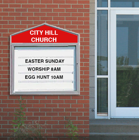 Enclosed Cathedral Reader Board with custom pointed header, 60" by 42" Lockable Cabinet