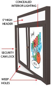 Outdoor Enclosed Dry Erase Markerboard with Header and Lights (2 and 3 Doors) - White Porcelain Steel