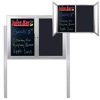 Outdoor Enclosed Dry Erase Marker Board with Posts and LED Lights (2 and 3 Doors) - Black Porcelain Steel