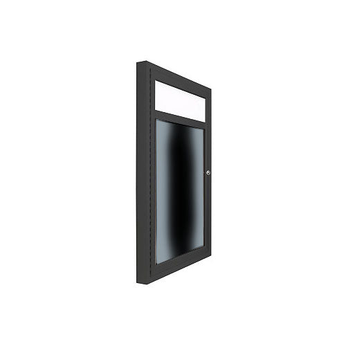 Outdoor Enclosed Dry Erase Markerboard with Header and LED Lights - Black Porcelain Steel