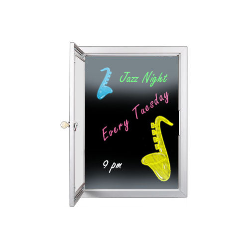 Outdoor Enclosed Dry Erase Markerboard with LED Lights - Black Porcelain Steel