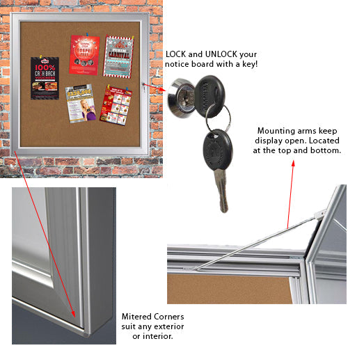 Outdoor Premium Weatherproof Notice Boards have 1 front lock with a key set included, 2 prop arms on top and bottom, and have mitered corners with safety edges for a sleek look.