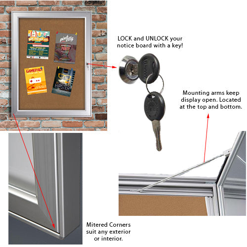 Outdoor Premium Weatherproof Notice Boards have 1 front lock with a key set included, 2 prop arms on top and bottom, and have mitered corners with safety edges for a sleek look.