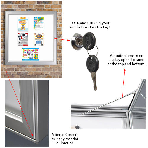 Outdoor Premium Weatherproof Magnetic White Boards have 1 front lock with a key set included, 2 prop arms on top and bottom, and have mitered corners with safety edges for a sleek look.