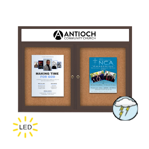 60 x 24 Enclosed Outdoor Bulletin Boards with Header & Lights 2 DOOR