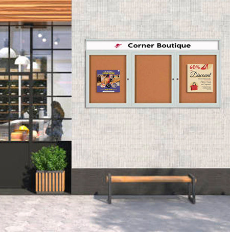 Enclosed Outdoor Bulletin Boards 84 x 36 with Message Header and Radius Edge (3 DOORS)