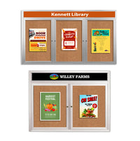 2-3 Door Enclosed Outdoor Bulletin Boards with Your Message Header and Radius Edge Cabinet Corners | All-Weather, Wall Mount Aluminum Display Case 35+ Sizes