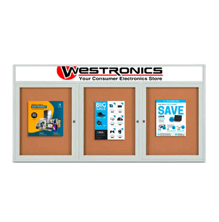 Enclosed Outdoor Bulletin Boards 72 x 36 with Header & Lights (Radius Edge) (3 DOORS)