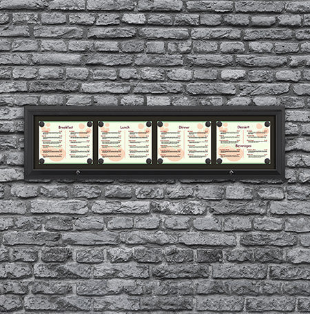 Outdoor Enclosed Magnetic Restaurant Menu Display Case | 14" x 11" Landscape | Holds Four Landscape Menus ACROSS