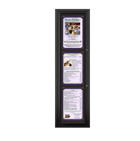 Outdoor Enclosed Magnetic Restaurant Menu Display Case | Tall, Wall Mount Metal Cabinet Holds Three 11" x 17" Portrait Menus STACKED