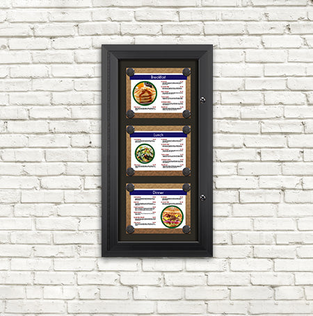 Outdoor Enclosed Black Magnetic Restaurant Menu Display Case for 11" x 8 1/2" Landscape Size Menus | Holds UP to Three Menus STACKED