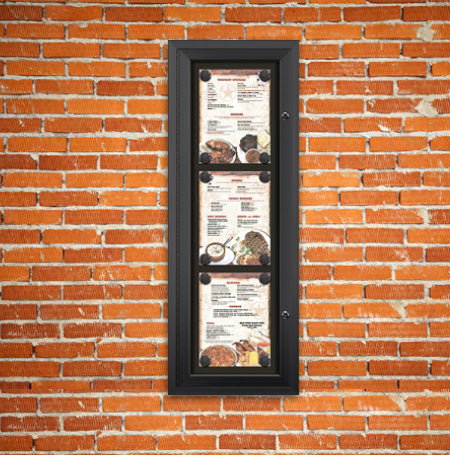 Outdoor Enclosed Magnetic Restaurant Menu Display Case | Tall, Wall Mount Metal Cabinet Holds Three 8 1/2" x 11" Portrait Menus STACKED