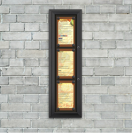 Outdoor Enclosed Magnetic Restaurant Menu Display Case | Tall, Wall Mount Metal Cabinet Holds Three 8.5" x 14" Portrait Menus STACKED