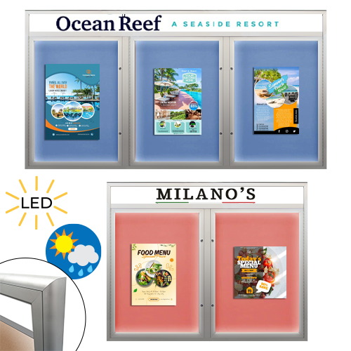EXTREME WeatherPlus™ Radius Edge Enclosed Outdoor Poster Cases with Message Header and LED Lighting | Locking 2 and 3 Door Display Cases 35+ Sizes