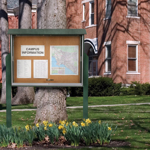 Standing Outdoor Message Center 48x48 with 2 Posts | Bulletin Board Interior | Sliding Glass Doors | Shown in Woodland Green Faux Wood Finish