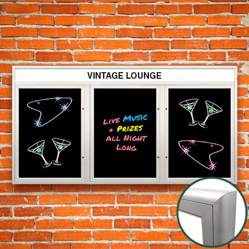 Extreme WeatherPlus Radius Edge Black Dry Erase Marker Board Case with Header | Shown with 3 Doors in Satin Silver Finish