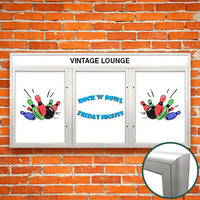 Extreme WeatherPlus Radius Edge White Dry Erase Marker Board Case with Header | Shown with 3 Doors in Satin Silver Finish