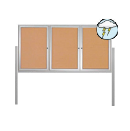 Freestanding 3 Door Outdoor Enclosed Bulletin Board 84x24 with Posts