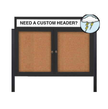 Free-Standing Enclosed Outdoor Bulletin Board 60" x 48" with Posts | Metal Display Case Two Door and Free Personalized Message Header