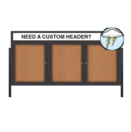 Freestanding Enclosed Outdoor Bulletin Boards 96" x 24" with Message Header and Posts (3 DOORS)