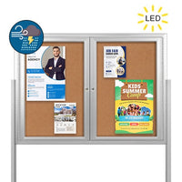 Freestanding 2 Door Enclosed Outdoor Bulletin Boards 60" x 40" with Lights + Posts