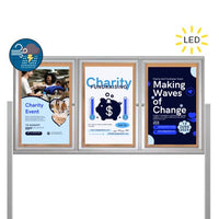 Freestanding 3 Door Enclosed Outdoor Bulletin Boards 72" x 30" with Lights + Posts