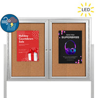 Freestanding 2 Door Enclosed Outdoor Bulletin Boards 84" x 24" with Lights + Posts