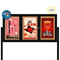 Freestanding 3 Door Enclosed Outdoor Bulletin Boards 84" x 36" with Lights + Posts