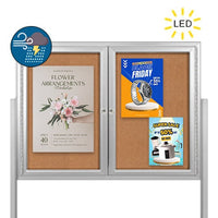 Freestanding 2 Door Enclosed Outdoor Bulletin Boards 84" x 48" with Lights + Posts