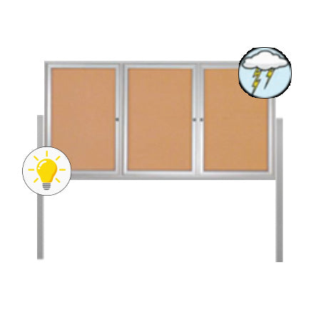 Free-Standing 3 Door Enclosed Outdoor Bulletin Board 84" x 48" with + Posts and LED Lighting