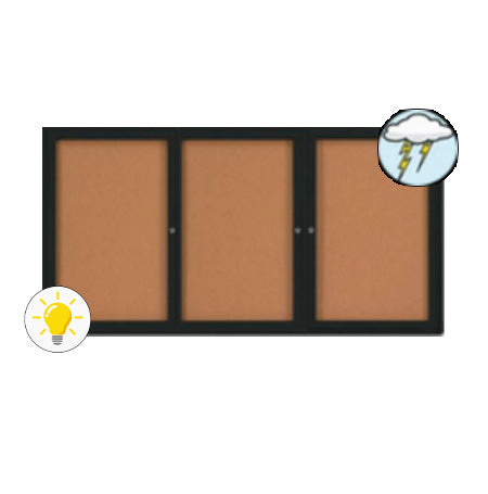 Three Door Enclosed Outdoor Bulletin Boards 72 x 36 with Interior LED Lighting and Sleek Radius Edge Cabinet Corners